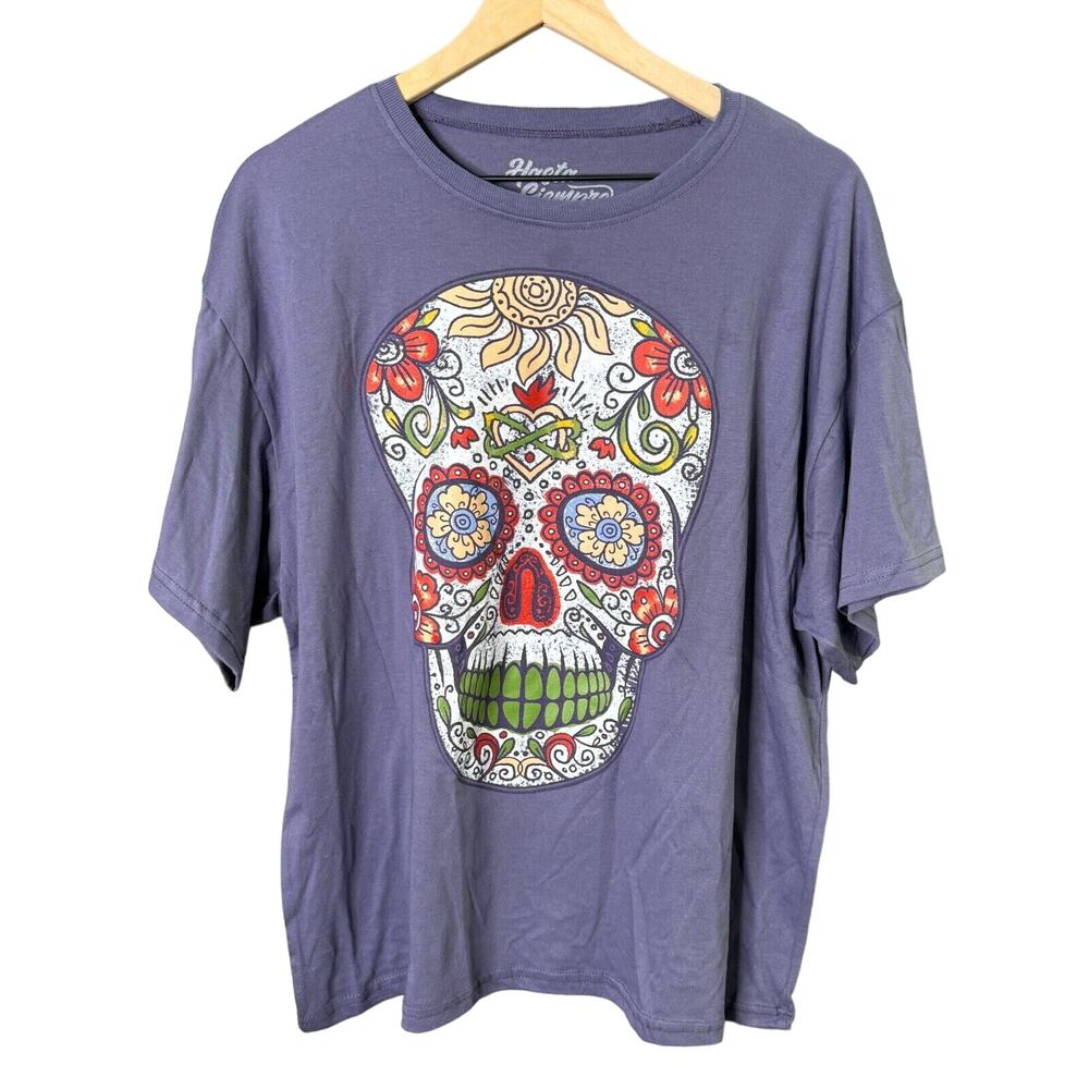 Sugar Skull Graphic Tee Womens Large Purple Day of Dead Goth Dia de los Muertos